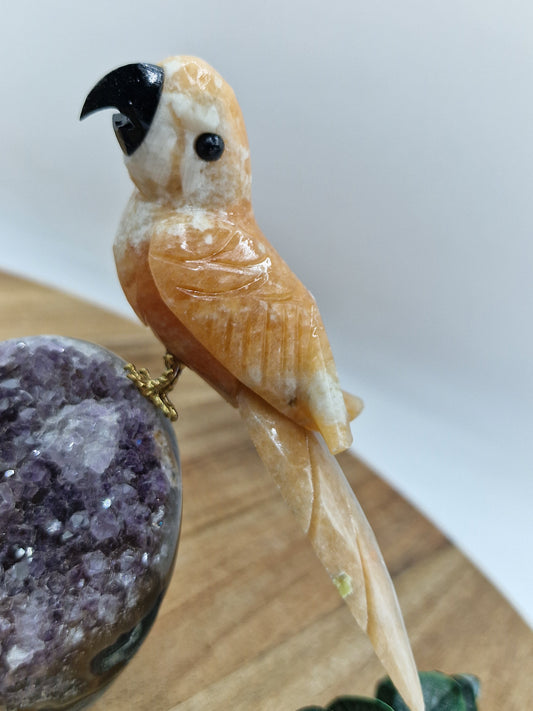 Orangencalcit Vogel auf Amethyst Cutbase 🦜 CV65